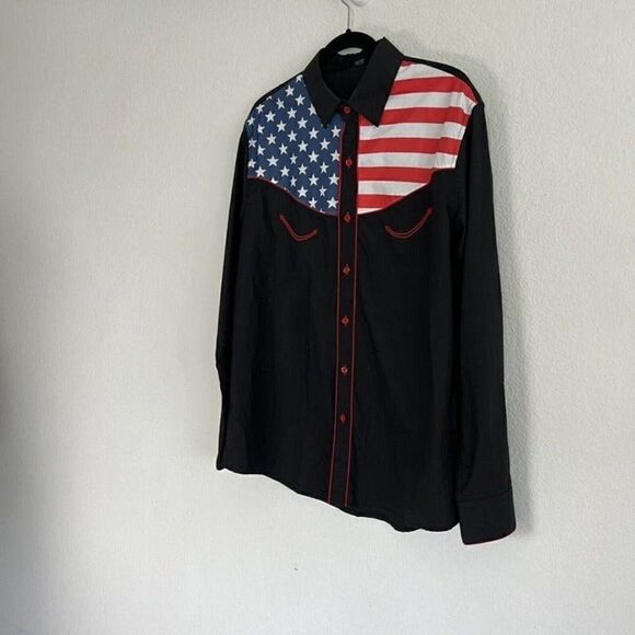 Coofandy Mens Button Front Shirt Western American Flag Long Sleeve Collar Large - Picture 7 of 10